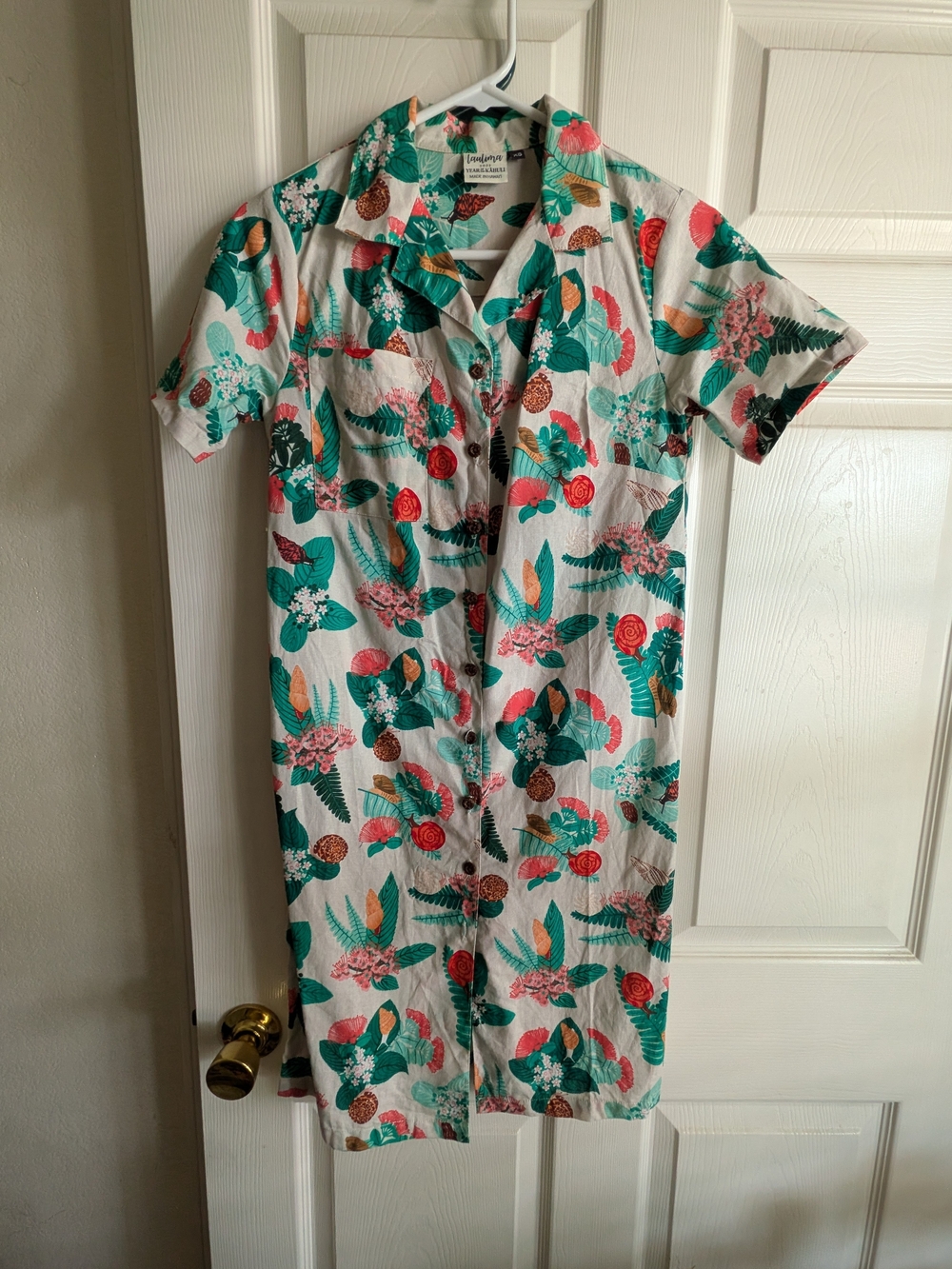 Laulima Tropical Floral Button-Up Shirt Dress - White, Red & Teal